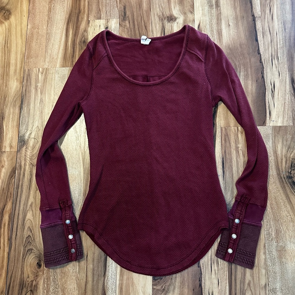 Free People Thermal Top L Burgundy Sunnie Valley Long Sleeve Boho Cuff Detail - Picture 2 of 8